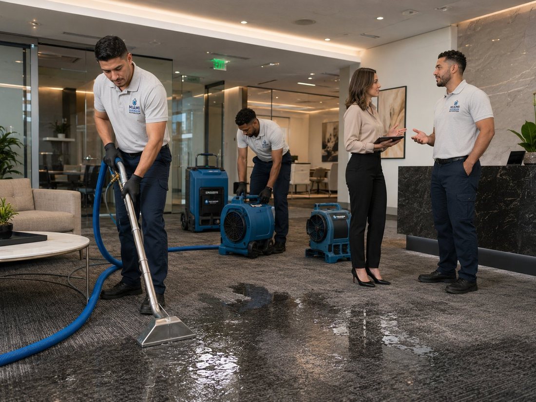 Commercial water damage drying in a Miami office lobby