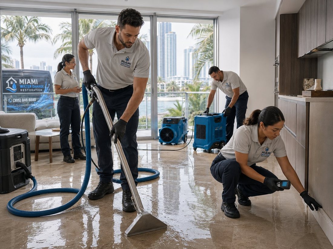 Technician extracting water from a Miami condo floor